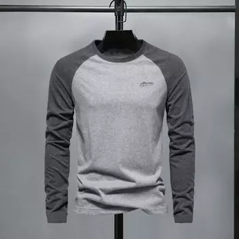Мужская футболка с длинным рукавом реглан, О-образный вырез, пэчворк, цветной пуловер, свободный крой, эластичные манжеты, дышащие повседневные топы 2XL коричневый