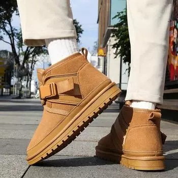 Men s 2025 Winter Fashionable Warm Cowhide Snow Boots with Velvet Lining for Couples 35 чёрный