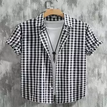 Men s 3D Digital Printed Breathable Casual Short Sleeved Shirt with Black and White Checkered Summer Pointed Collar Button and Chest Pocket Top S чёрный