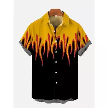 Men s 3D Flame Printed Shirt Hawaiian Casual Short Sleeved Shirt Fashion Beach Vacation Lapel Shirt Men s Summer Button Up Shirt S