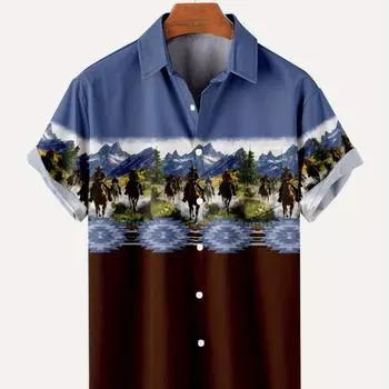 Men s 3D fully printed Western denim landscape short sleeved shirt S
