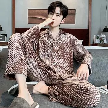 Men s Advanced Sense of Black Casual Long Sleeve Pajamas Spring and Autumn Men s Fashion Trend Home Wear Set M чёрный