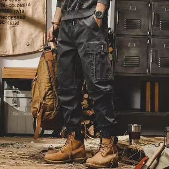 Men s American Heavyweight Retro Overalls: Loose Straight Fashion Brand Autumn Wide-Leg Cuffed Harem Pants 3XL