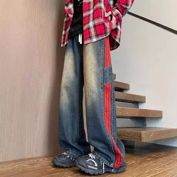 Men s American Retro Three-bar Spring and Autumn High Street Straight Pants Wash Loose Wide-leg Trousers S