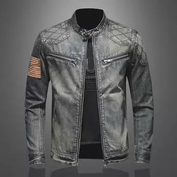 Men s Autumn 2024 Denim Stand-Up Collar Motorcycle Jacket - Retro & Stylish, Hatless Design M светло-синий