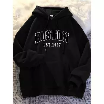Men s autumn and winter casual fashion loose plus size Boston 1997 print fleece warm long sleeved hooded sweatshirt S