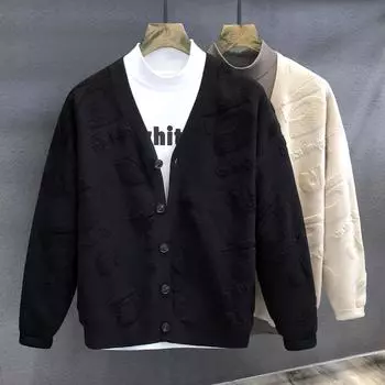 Men s Autumn and Winter Sweater Jackets Men s Tops Jackets Jacquard High-quality Thick Knitwear XXXL чёрный