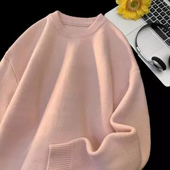 Men s Autumn and Winter Thickened Crew Neck Sweater Japanese Simple and Versatile Men s and Women s Loose Warm Knitted Sweater M розовый