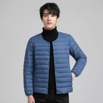 Men s Autumn and Winter Trend Light White Duck Down Jacket Short Round Neck Inside and Outside Thermal Top M
