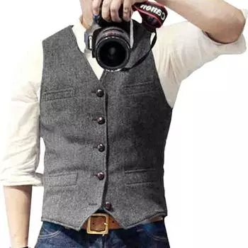 Мужские осенние и зимние костюмы с V-образным вырезом, жилет из твида с узором «елочка», облегающий жилет, повседневный, классический, формальный, деловой, для жениха и невесты XXXL чёрный