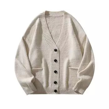 Men s Autumn and Winter Versatile Loose V-Neck Cardigan Knitted Sweater Men s Thread Jacket M абрикосовый