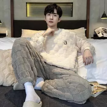 Men s Autumn and Winter with Warm Coral Velvet Pajamas Youth Loose Comfortable Home Wear Set XL слоновая кость