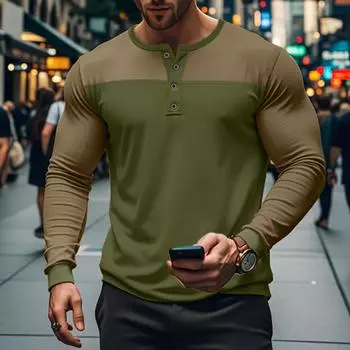 Мужская осенняя футболка в стиле ретро с длинными рукавами, цветным воротником Генри и базовым слоем. Мужская футболка S