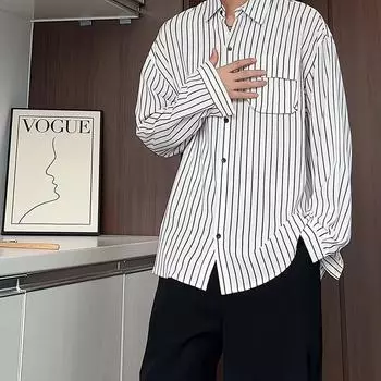 Men s Autumn New Striped Long Sleeve Shirt Large Size Shirt Men s Top Cardigan M белый