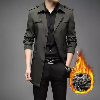 Men s Autumn Plus Velvet Thick Warm Mid-length Business Coat S чёрный