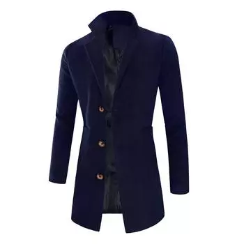 Men s Autumn Winter Casual Medium Length Stand Collar Windbreaker Button Jacket Coat L темно-синий