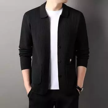 Men s Autumn Winter European High-end Suit Collar Solid Color Knitted Cardigan Button Business Casual Sweater Coat 4XL чёрный