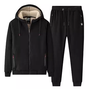 Men s Autumn/winter Lamb Fleece Casual Sports Suit Large Size Plus Fleece Thick Hooded Thermal Hoodie Two-piece Set 2XL