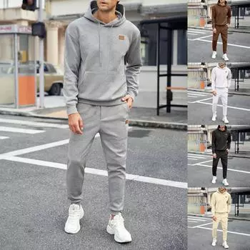 Men s Autumn Winter Solid Color Striped Long Sleeve Hoodies Sweatshirt Trousers Suit M чёрный