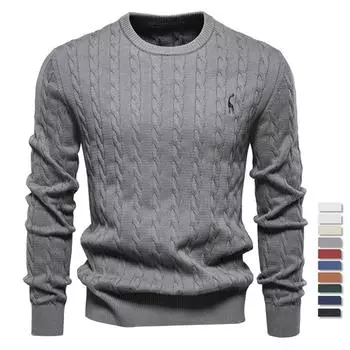 Men s Autumn Winter Solid Knitted Crew Neck Sweater Fashion Casual Deer Embroidery Pullover S