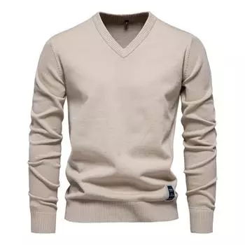 Men s Autumn Winter Warm Knitted Cotton Sweater Casual Solid V-Neck Pullover S тёмно-синий