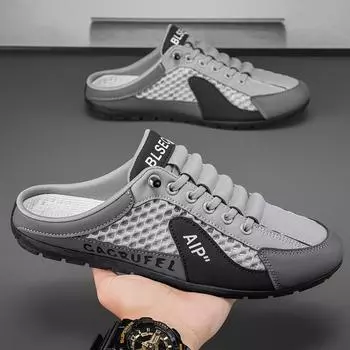 Men s bag head half tray shoes mesh surface hollow breathable casual men s shoes soft sole soft surface one pedal lazy shoes casual shoes 39