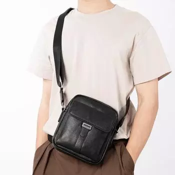 Men s Bag Lychee Print Top Layer Cowhide Shoulder Bag Crossbody Bag Genuine Leather Men s Trend Casual Small Body Bag чёрный