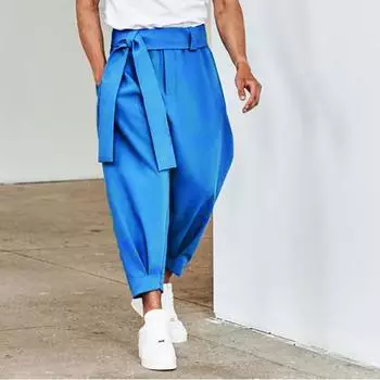 Men s Baggy Pants Casual Streetwear Belt Pure Color Joggers Fashion Harem Pants XXXL чёрный