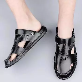 Men s Baotou Sandals Two Ways To Wear Genuine Leather Summer Beach Slippers Male Non-Slip Comfortable Outdoor Shoes High Quality 38 чёрный