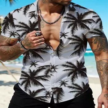 Men s Beach Coconut Grove Digital Printed Short Sleeved Button Up Shirt Suitable for Casual Beach Entertainment and Outdoor Shopping S белый