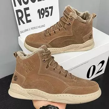 Men s Biker Boots Casual High Top British Tooling Shoes Keep Warm Trendy All-match Popular Motorcycle Lace-up Water Proof Boot 38 песчаный