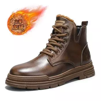 Men s Biker Boots Trendy All-match Leather Casual High Top British Shoes Keep Warm Popular Motorcycle Lace-up Water Proof Boot 39 чёрный