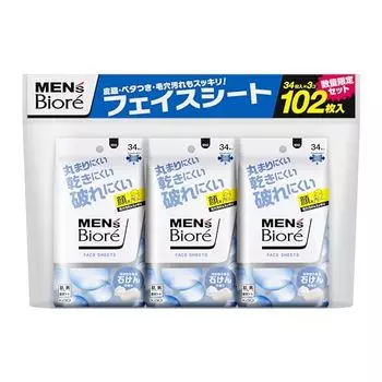 Men s Biore Face Sheet, Clean Soap Scent, 34 Pieces x 3, Antiperspirant Sheet, Sweat Wiping Sheet, Men s Deodorant, Doesn t Tear, Doesn t Dry, Doesn t