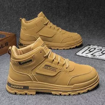 Men s Boots 2024 Autumn/Winter High Top Leather Shoes Outdoor Fashion Sports Running Thick Bottom Height Increasing Ankle Boots 39 чёрный