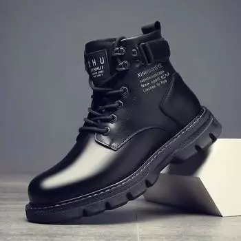 Men s Boots New High Top Leather Boots Fashion Motorcycle Boot Winter Plush Warm Ankle Boots for Men Platform Boot Botas Hombre 39 чёрный