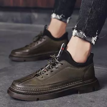 Men s Brogue Shoes Thick-soled shoes Boots Non-slip Men Casual Leather Shoes Fashion Sneakers Moccasins Male Footwear 39 хаки