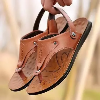 Men s Brown Flip Flops Summer Leather British Wind and Sandals Slippers Feet Non-slip Thick Bottom Flat Heel Beach Shoe Slippers 38 чёрный