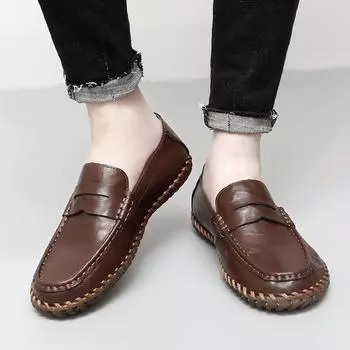 Men s Brown Hiking Shoes Slip on Moccasins Driving Shoes Casual Loafers Handmade Leather Outdoor Black Wide Shoes for Father 38 чёрный