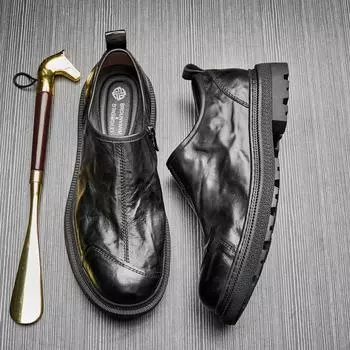Мужские деловые повседневные кожаные туфли с круглым носком, персонализированные туфли из коровьей кожи на молнии с платформой 38 чёрный