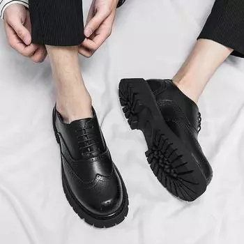 Men s Business Casual Leather Shoes Classic Black Block Leather Shoes Men Thick Sole Elevated Shoes Casual Lace Up Leather Shoes 38