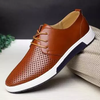 Men s Business Casual Leather Shoes Summer Mesh Breathable Flat Shoes Men s Large Size Vulcanized Shoes Fashion Hollow Loafers 37 чёрный