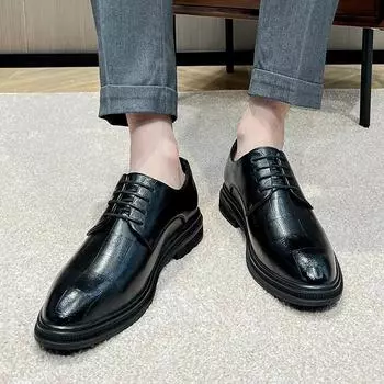 Мужские деловые кожаные туфли на шнуровке в британском стиле в корейском стиле, повседневные свадебные туфли в клетку с острым носком 19931-P 38 чёрный