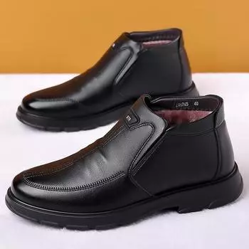 Men s business dress leather shoes winter high-top velvet warm casual men s shoes one pedal dad practical snow boots 38