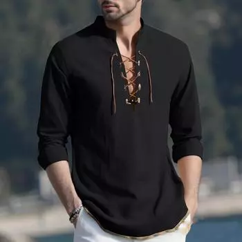 Men s Casual And Fashionable Cotton And Linen Solid Color Round-neck Long-sleeved L