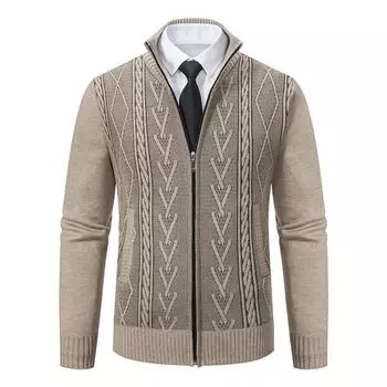 Men s Casual Cardigan Stand Collar Sweater Jacket Warm Slim Fit Sweater L бежевый