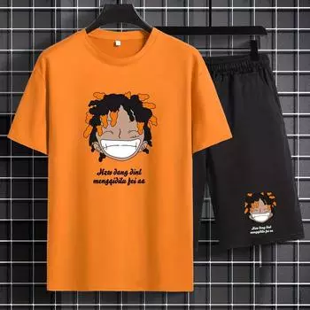 Men s Casual Cartoon Character Graphic Print Comfortable Round Neck Short Sleeve T-Shirt and Shorts Set S