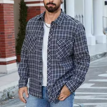 Men s Casual Fashion Plaid Long Sleeve Shirt Men s Pocket Button Shirt L