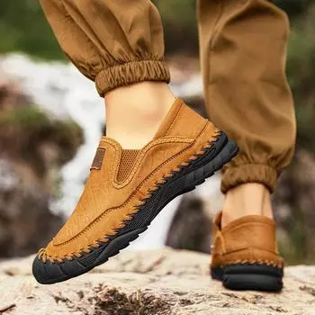 Мужская повседневная модная обувь Кожаные туфли без застежек Сшитые вручную повседневные туфли для ходьбы Мокасины дышащие для вождения 38-48 38 чёрный