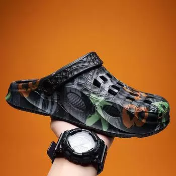 Men S Casual Hole Shoes Breathable Hollow Bag Head Slippers Printed Non-Slip Outdoor Beach Sandals Men 39 хаки