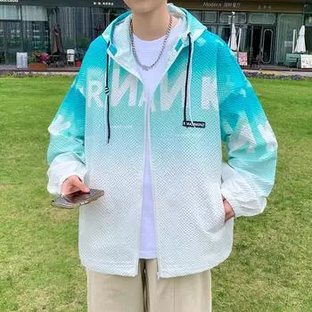 Мужская повседневная куртка с капюшоном, легкая дышащая солнцезащитная куртка, куртка на молнии большого размера, куртка с буквенным принтом 4XL